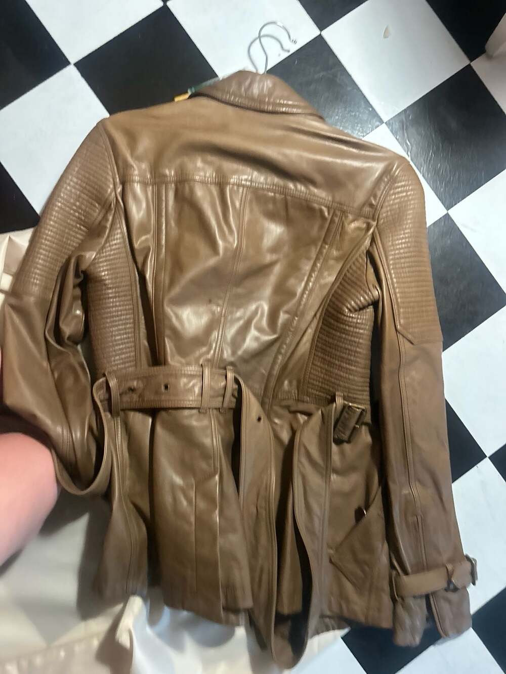 Burberry Brit Camel Brown Leather Quilted Double Breasted Belted Trench Jacket - Picture 6 of 13